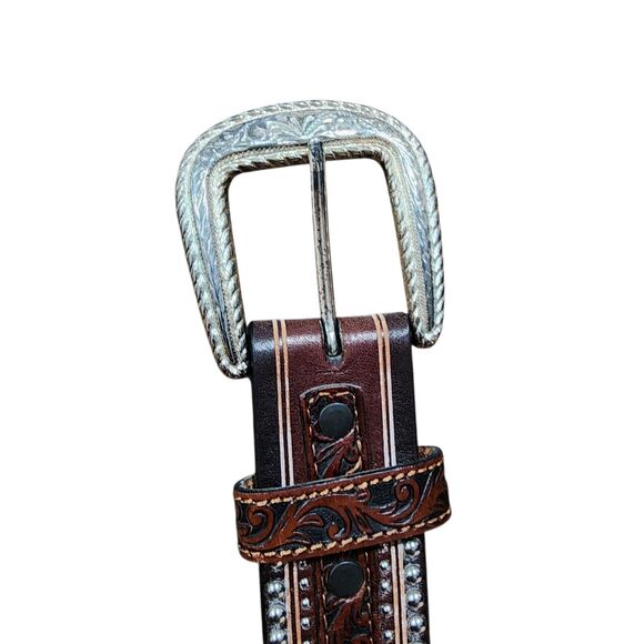 Tony Lama Men Leather Tooled Belt Sz 40 Western Equestrian Cowboy Floral Studded - Picture 9 of 9